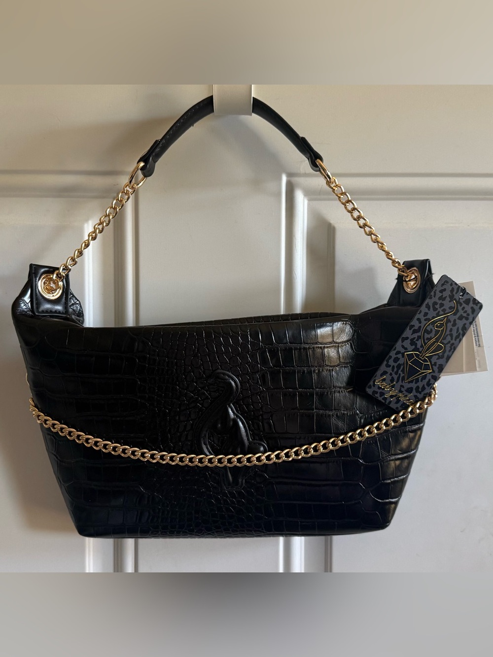 Baby Phat Black Croc-Embossed Shoulder Bag with Gold Chain NWT